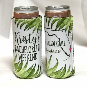 Palm Leaves Party Huggers. Slim Can Wedding or Bachelorette Party Favors. Beach Girl's Weekend or Family Vacation .