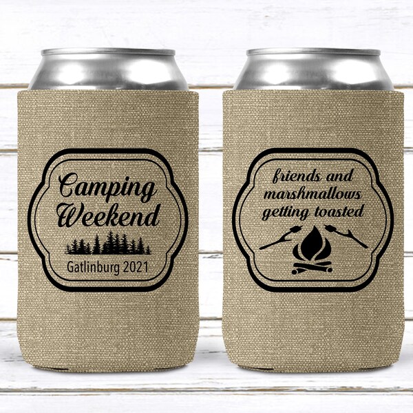 Burlap party favors. Camping Party Huggers. Mountain Party Can Huggers. Burlap Bachelorette or Bachelor Party Gifts.