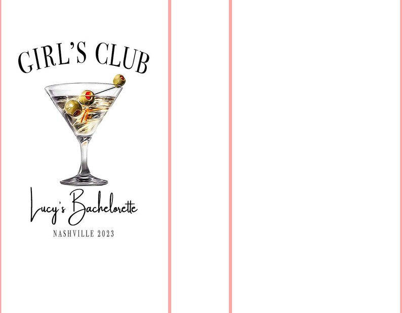 Pu&ograve; includere: Un biglietto bianco con il testo "Girl's Club" e un bicchiere da martini con olive. Sotto il bicchiere c'&egrave; il testo "Lucy's Bachelorette Nashville 2023".