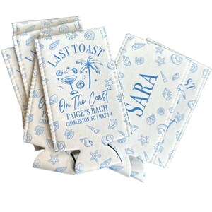 May include: A set of white foam can coolers featuring a blue pattern of seashells and starfish. The text reads LAST TOAST On The Coast PAIGE'S BACH CHARLESTON, SC | MAY 1-4, while another cooler displays the name SARA in large blue capital letters.