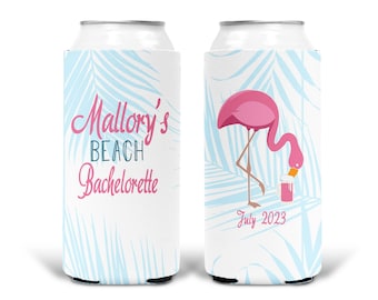 Slim flamingo party huggers. Skinny can party favors. Personalized Birthday or Bachelorette Party Favors. Beach bachelorette party!