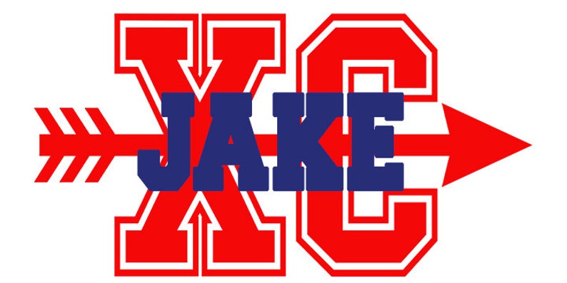 May include: A graphic design featuring the name "JAKE" in blue block letters, overlaid on a red and white "XC" design with an arrow. The design is bold and eye-catching, perfect for sports team apparel.