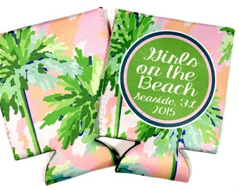 Palm Tree Sunset Huggers. Bachelorette or Birthday Beach Party Favors. Personalized Family Vacation Beach Coolies!