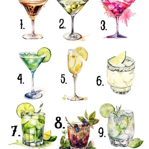 May include: Nine watercolor illustrations of different cocktails, each numbered 1 through 9. The cocktails include a martini, a margarita, a cosmopolitan, a mojito, a gin and tonic, a whiskey sour, a mimosa, a daiquiri, and a rum and coke.