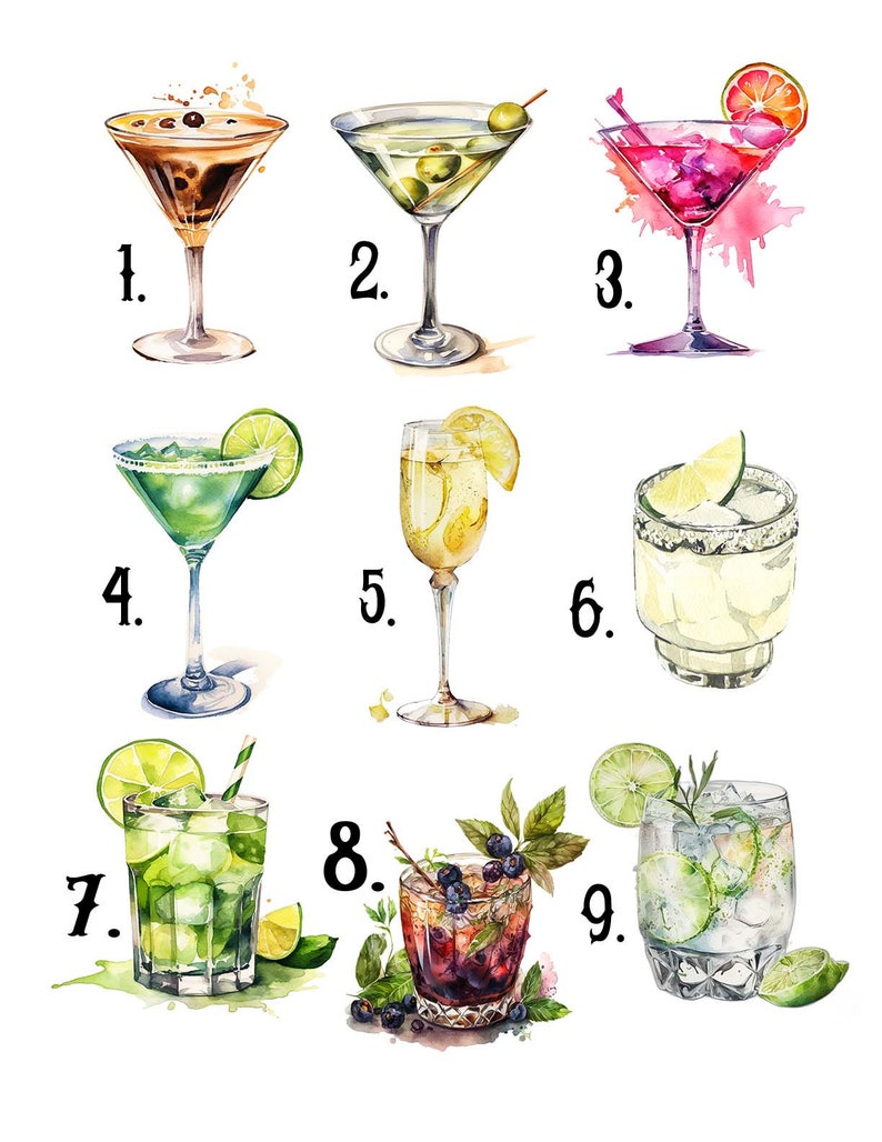 May include: Nine watercolor illustrations of different cocktails, each numbered 1 through 9. The cocktails include a martini, a margarita, a cosmopolitan, a mojito, a gin and tonic, a whiskey sour, a mimosa, a daiquiri, and a rum and coke.