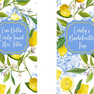 Puede incluir: Dos tarjetas imprimibles con un dise&ntilde;o de limonero. La tarjeta de la izquierda dice "Ciao Bella Emily Found Her Fella". La tarjeta de la derecha dice "Emily's Bachelorette Trip".