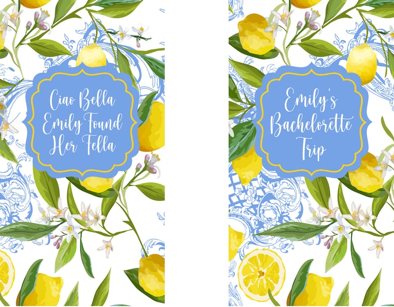 Puede incluir: Dos tarjetas imprimibles con un dise&ntilde;o de limonero. La tarjeta de la izquierda dice "Ciao Bella Emily Found Her Fella". La tarjeta de la derecha dice "Emily's Bachelorette Trip".