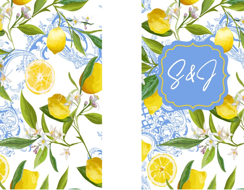 Puede incluir: Un patr&oacute;n floral azul y blanco con limones y flores blancas. Un rect&aacute;ngulo azul con borde amarillo y el texto "S&J" en blanco.