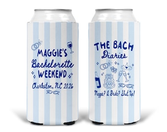 The Bachelorette Diaries Can Coolers. Coastal Party Gifts. Custom Princess Drink Sleeves, Personalized Party Favors.