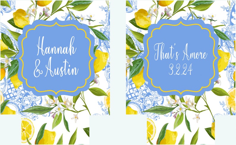 Puede incluir: Dos cajas de regalo de boda azules y amarillas con un patr&oacute;n de limonero. La primera caja dice "Hannah & Austin" y la segunda caja dice "That's Amore 3.2.24".