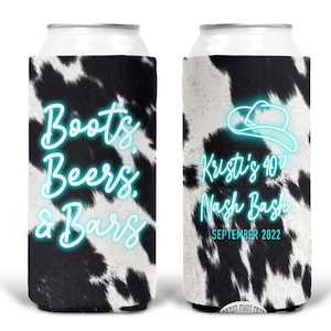 Western Cowhide Bachelorette or Birthday Slim Can Favors. Personalized Austin or Nashville Party. Custom Neon Disco Cowgirl Party Favors. image 3