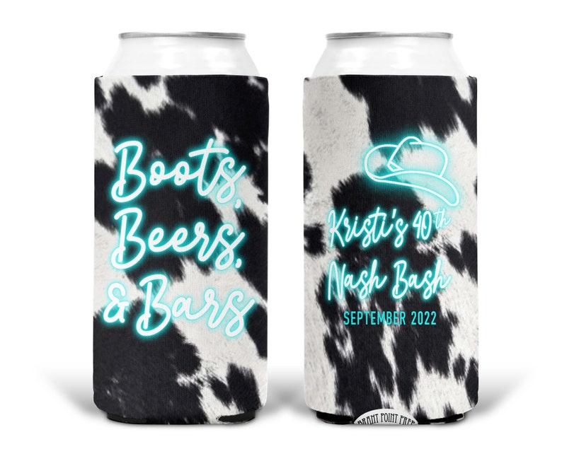 Western Cowhide Bachelorette or Birthday Slim Can Favors. Personalized Austin or Nashville Party. Custom Neon Disco Cowgirl Party Favors. image 3