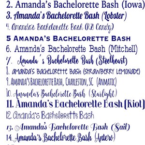 May include: A dark blue list of 16 font options for "Amanda's Bachelorette Bash". The text displays different font styles and names, including "Vanilla Daisy", "Iowa", "Lobster", and "Riot". The title "BRANT POINT PREP FONT CHOICES" is at the top.