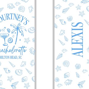 May include: A white rectangular design featuring a light blue pattern of seashells and starfish. The left panel displays a cocktail glass, a palm tree, and the text KOURTNEY'S Bachelorette HILTON HEAD, SC. The right panel features the name ALEXIS.