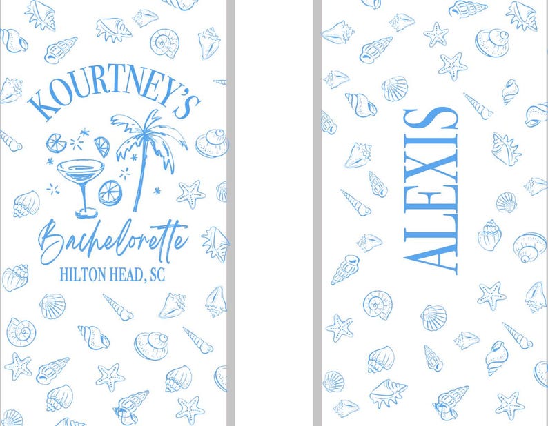 May include: A white rectangular design featuring a light blue pattern of seashells and starfish. The left panel displays a cocktail glass, a palm tree, and the text KOURTNEY'S Bachelorette HILTON HEAD, SC. The right panel features the name ALEXIS.