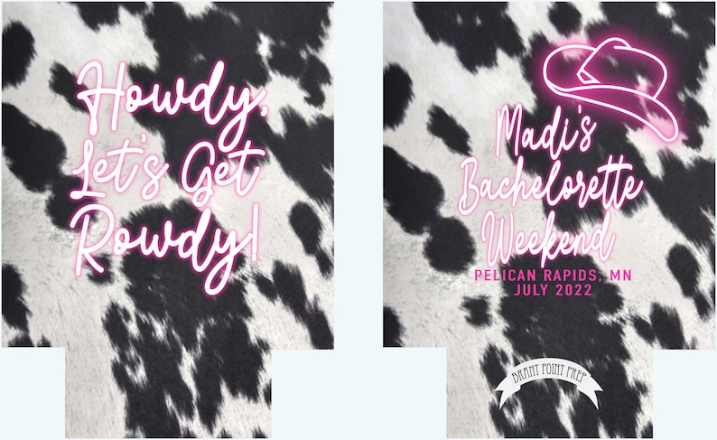 Western Cowhide Bachelorette or Birthday Slim Can Favors. Personalized Austin or Nashville Party. Custom Neon Disco Cowgirl Party Favors. image 7