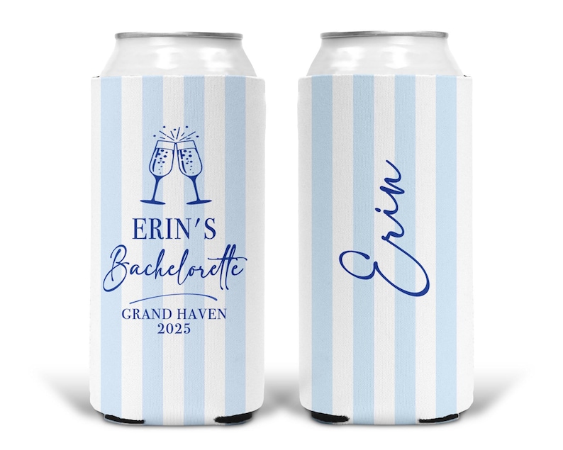 May include: Two can coolers with a light blue and white striped pattern. One cooler has the text "Erin's Bachelorette" with champagne glasses and "Grand Haven 2025". The other cooler has the name "Erin" in a script font.