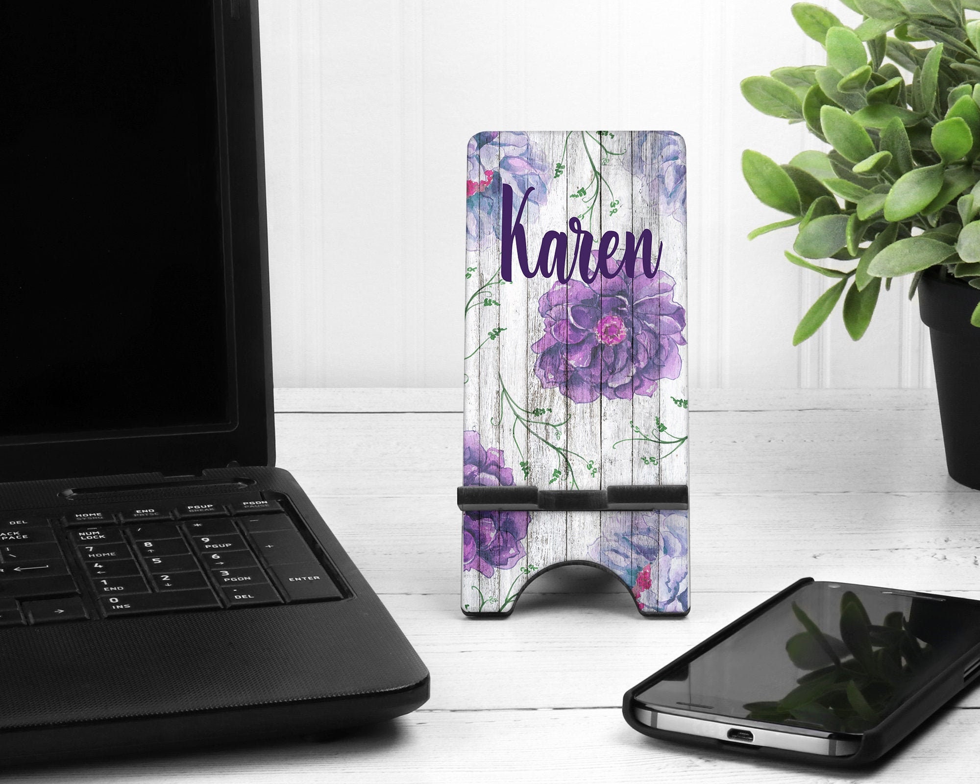 Purple Floral Cell Phone Custom Phone Stand, Floral Phone