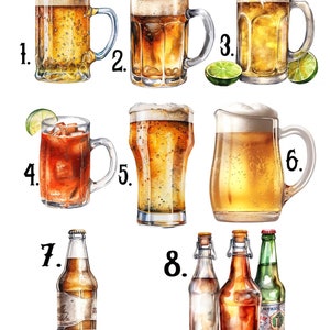 Pu&ograve; includere: Un'illustrazione ad acquerello di otto diversi tipi di birra e bevande alcoliche, tra cui boccali, bottiglie e una caraffa. Le bevande sono numerate da 1 a 8.
