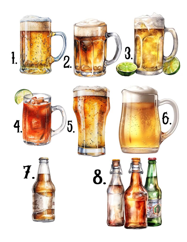 Pu&ograve; includere: Un'illustrazione ad acquerello di otto diversi tipi di birra e bevande alcoliche, tra cui boccali, bottiglie e una caraffa. Le bevande sono numerate da 1 a 8.