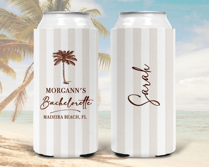 May include: Two can coolers with a striped pattern in beige and white. One cooler has the text "MORGANNN'S BACHELORETTE MADEIRA BEACH, FL" with a palm tree graphic. The other cooler has the name "Sarah" in a script font.