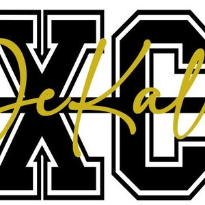 May include: Black and white graphic with the text "XC DeKalb" in a stylized font. The "XC" is in a bold, block letter style, and "DeKalb" is in a cursive script. An arrow design is on the left and right.