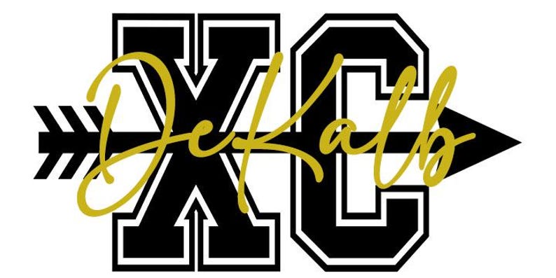 May include: Black and white graphic with the text "XC DeKalb" in a stylized font. The "XC" is in a bold, block letter style, and "DeKalb" is in a cursive script. An arrow design is on the left and right.