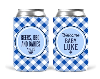 Baby Q Baby Boy Shower Drink Insulators. Baby Shower Koolies. Baby Shower Favors. Gender Reveal Party Favors. Personalized Baby Q Coolies!