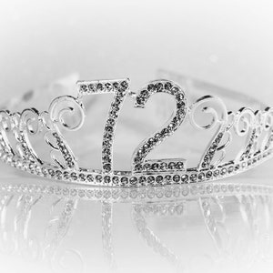 May include: Silver tiara with rhinestones and the number 72 on it.