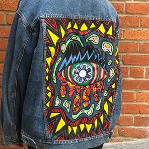 Abstract Eye Hand Painted Dark Washed Denim Jacket