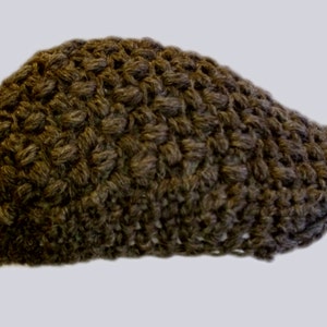 May include: A dark brown crocheted hat with a flat top and a slightly curved brim.