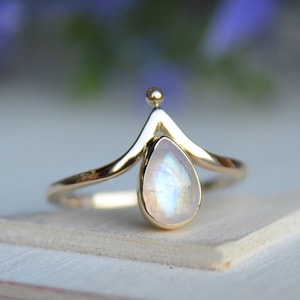 V-shaped gold moonstone ring, moonstone v ring, chevron gold ring, moonstone stackable ring