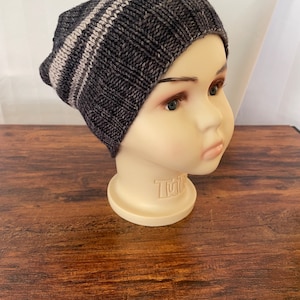 Child&#39;s hand knit merino blue and gray beanie