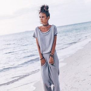 YUGA Organic cotton jumpsuit robe Overalls women jumpsuit clothing Loose casual jumpsuit romper Gray harem jumpsuit dress with pockets