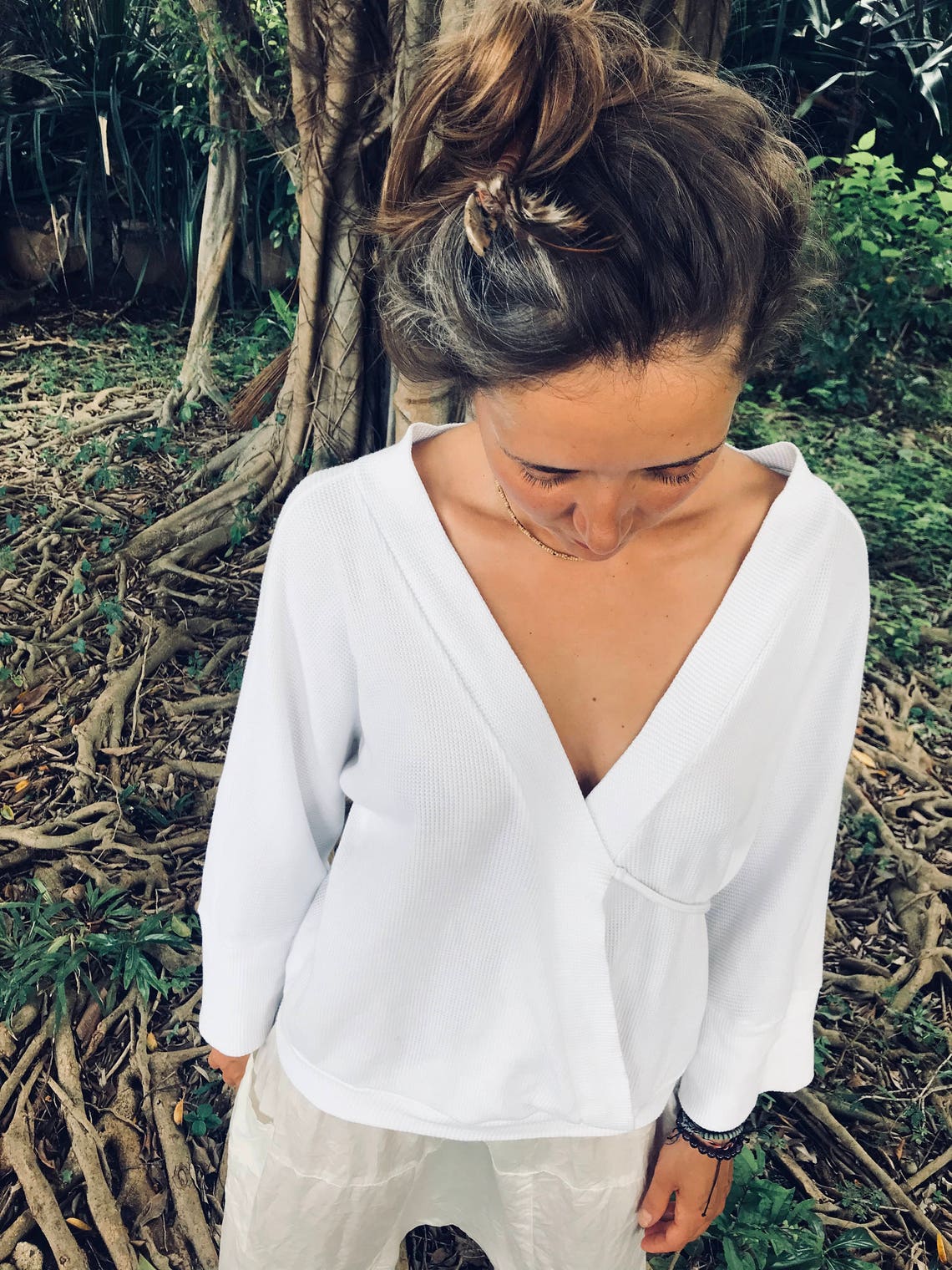 MIHO White Cotton Kimono Top Vneck Shirts Unique Waffle Etsy