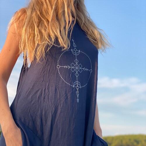 MOMO Navi boho dress, Bohemian clothing,Bamboo goddess dress, Backless maxi tank dress with spiritual higher self shops print, Long open back gown