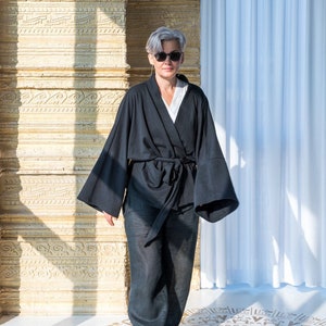 MARI UNISEX kimono organic Cotton kimono jacket Black kimono cardigan Kimono coat Long sleeve kimono top for women Cotton robe. YUGAclothes image 1