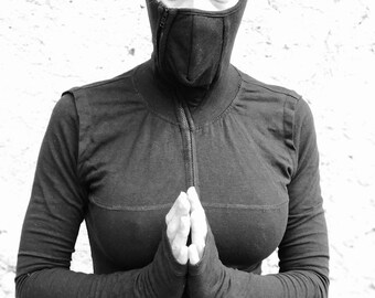 NEO Long sleeve black hoodie, Women ninja Burning Man Steampunk clothing, Hooded Jumpsuit, Drop Crotch Harem pants, Cyberpunk Motorcycle