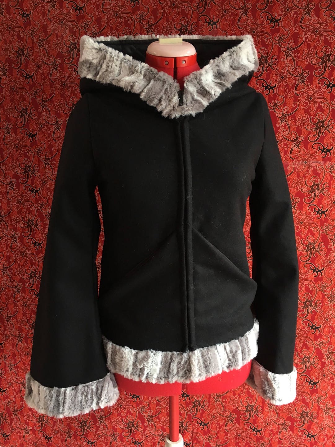 Black Lined Winter Jacket in Felted Wool and Grey Faux Rabbit Fur Etsy