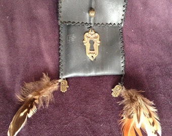 Decorated Rubber Phone Case Pouch Wallet  for Belt Pocket Belt with Buttons Beads Antique Keyhole and Feathers