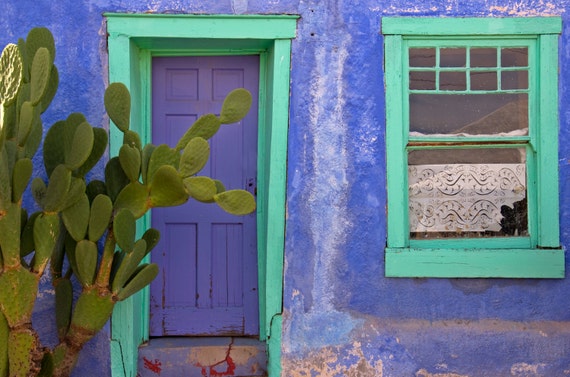 Blue Door And Window Santa Fe Southwestern Adobe House Etsy