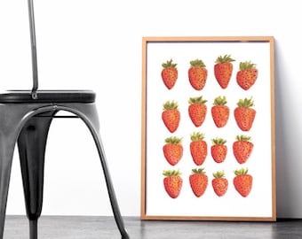 Watercolor Strawberry Print – Kitchen Fruit Botanical Art (Digital Download)