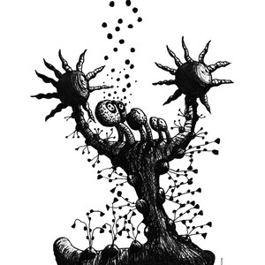May include: Black and white pen and ink illustration of a fantastical plant-like creature. The artwork features a central, textured trunk with bulbous forms and branching tendrils. Two spiky, sun-like shapes crown the top, with dots floating above.