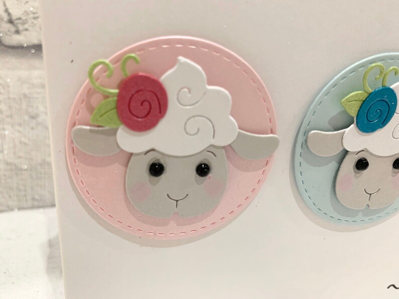 Op de afbeelding: Close-up van twee decoratieve schapenkoppen. E&eacute;n staat op een roze cirkel met een rode roos en groene bladeren, de andere op een blauwe cirkel met een blauwe spiraal en groene bladeren. De schapen hebben grijze gezichten en witte wol.