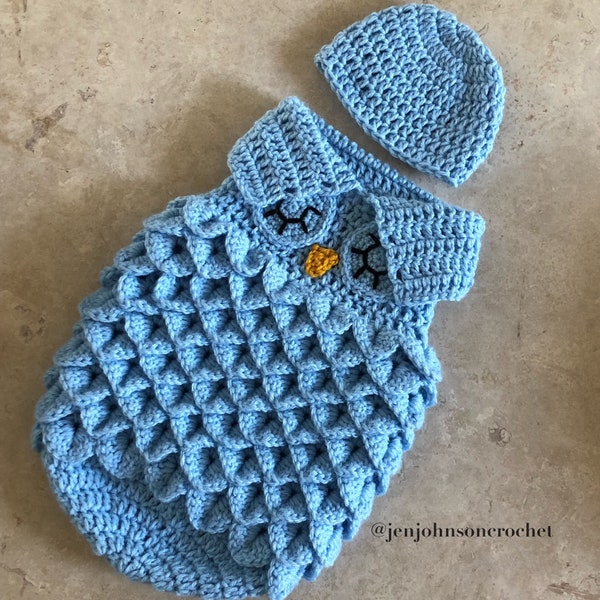 Crochet NEWBORN Owl Sleep Sack / Cocoon / photoprop / blanket / handmade / hat / baby / gift set / unique gift/blue/boy