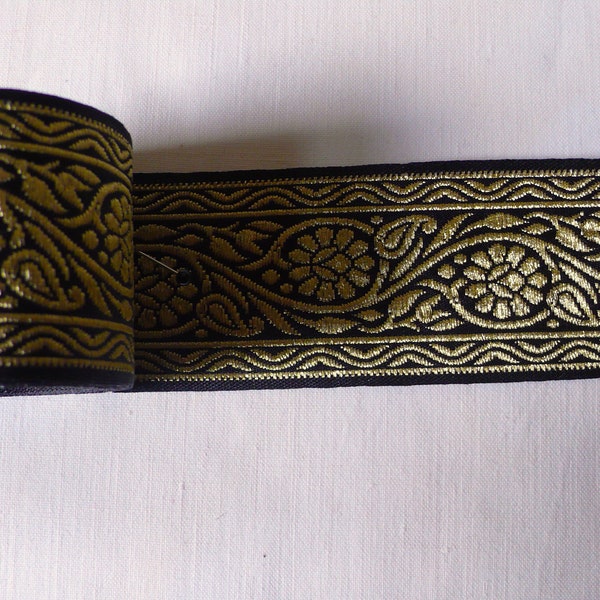 Borte Schwarz mit Gold  Blüten Ranken Blumen 2,18m x 4cm breit B016