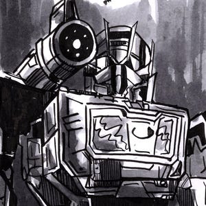 Pode incluir: Ilustração a tinta preta e branca de um personagem robô. O robô tem um canhão grande no ombro e uma placa de peito detalhada. A obra de arte é feita em estilo de banda desenhada com sombreamento e linhas pesadas.