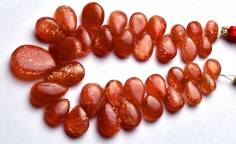 SUNSTONE Smooth Pear Shape Beads Briolettes 10 TO 20 MM Size Natural Gem Full stand 6.5 Inch Strand Super Finest-Quality
