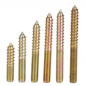May include: A set of six gold-toned metal screws with pointed tips and a threaded design. The screws are arranged in order of size, with the smallest screw on the left and the largest screw on the right.