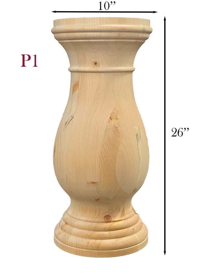 May include: A natural wood table base with a turned design. The base is 26 inches tall and 10 inches in diameter.